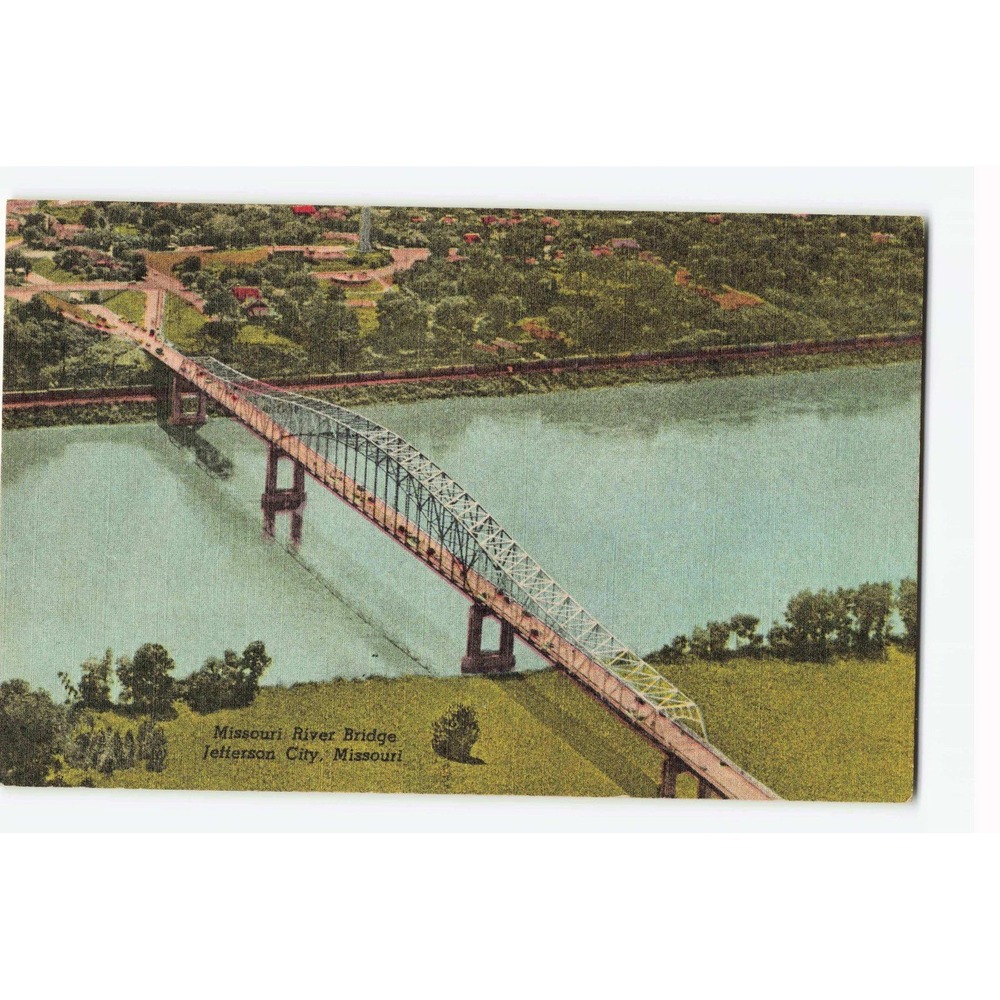 Vintage Missouri River Bridge Jefferson City MO Linen Postcard 1955 Aerial View